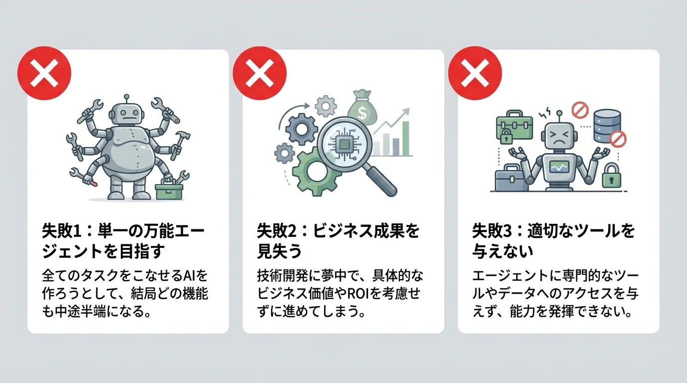 Agentic AI PoCで陥りがちな3つの失敗パターン（単一の万能エージェント、ビジネス成果の軽視、不適切なツール）をまとめた図解
