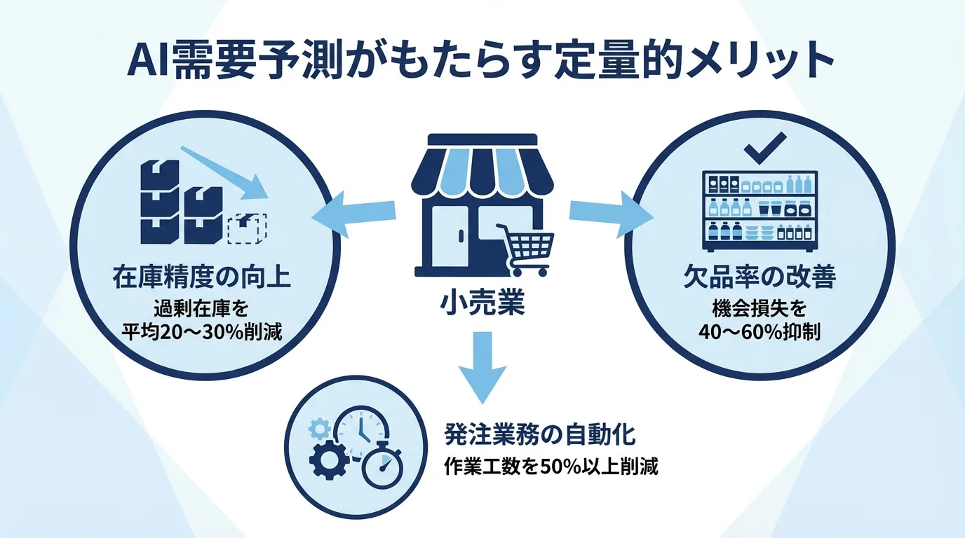 AI需要予測が小売業にもたらす在庫削減、欠品率改善、業務自動化の3つの定量的メリットを示したインフォグラフィック