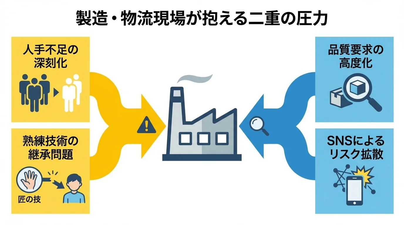 製造業が直面する「人手不足」と「品質要求の高度化」という二重の圧力を図解したインフォグラフィック。