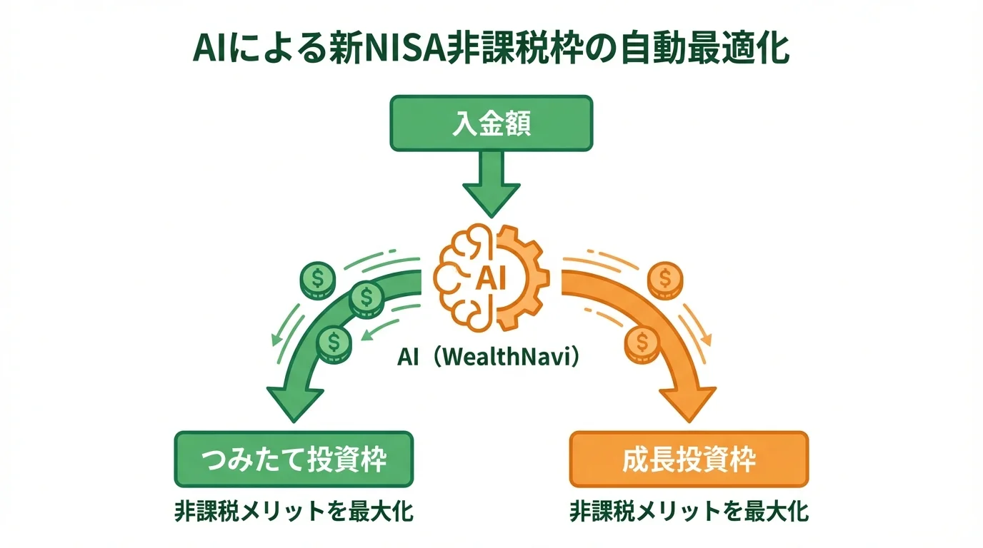 AIが新NISAの「つみたて投資枠」と「成長投資枠」に自動で資産を最適配分する仕組みを示した概念図。