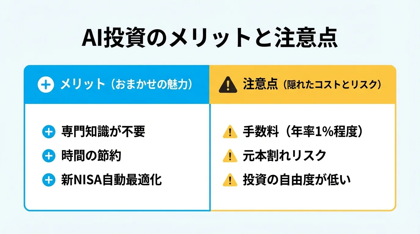 AI投資ロボアドバイザーのメリット（専門知識不要、時間節約など）と注意点（手数料、元本割れリスクなど）を左右に並べて比較した表。