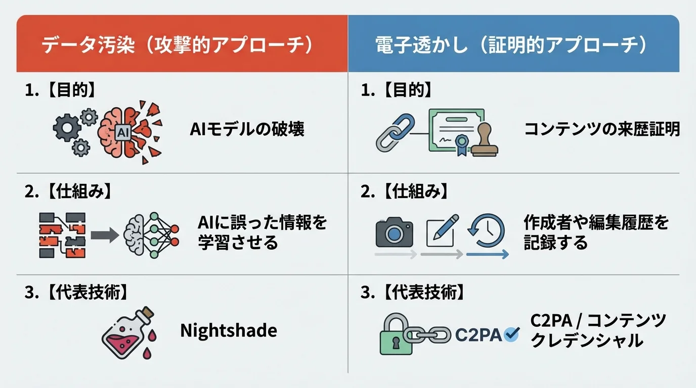 AI学習への対抗策である「データ汚染」と「電子透かし」の目的、仕組み、代表技術を比較した図解。