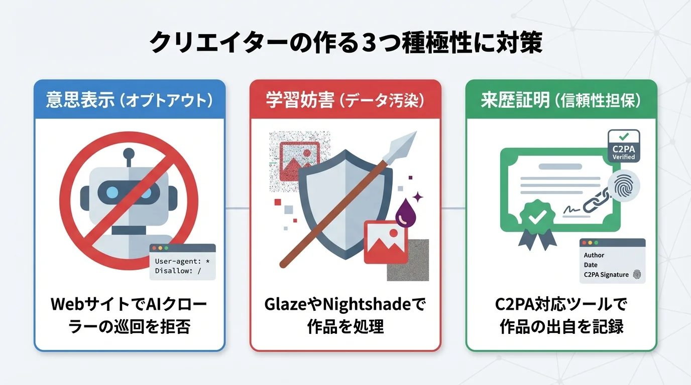 クリエイターがAIの無断学習に対して取るべき3つの具体的な対抗策(オプトアウト、学習妨害、来歴証明)をまとめた図解。