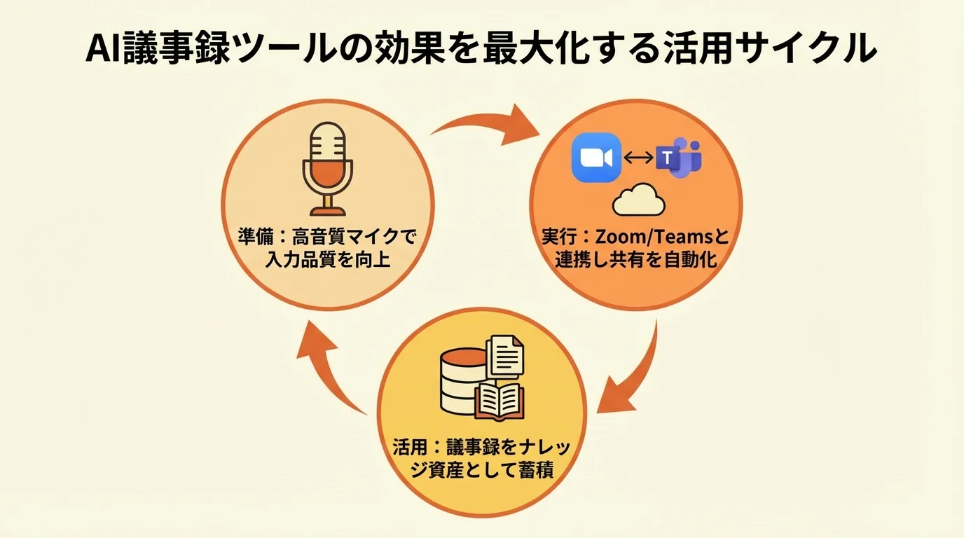 AI議事録ツールの効果を最大化する3つのステップ（入力品質向上、シームレス連携、ナレッジ資産化）を示したサイクル図インフォグラフィック