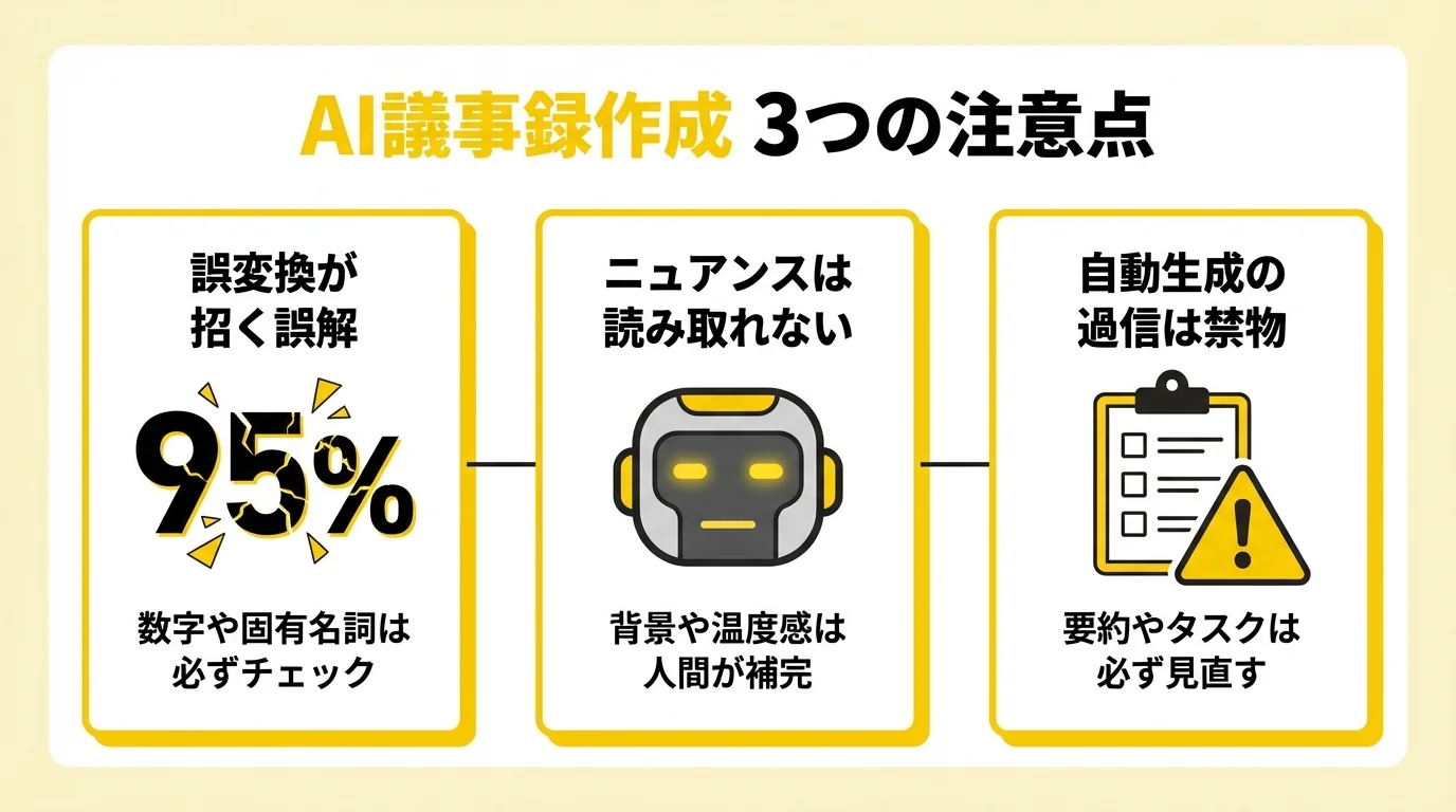 AI議事録作成で失敗しないための3つの注意点（誤変換、ニュアンスの欠落、自動生成の過信）をまとめたインフォグラフィック。