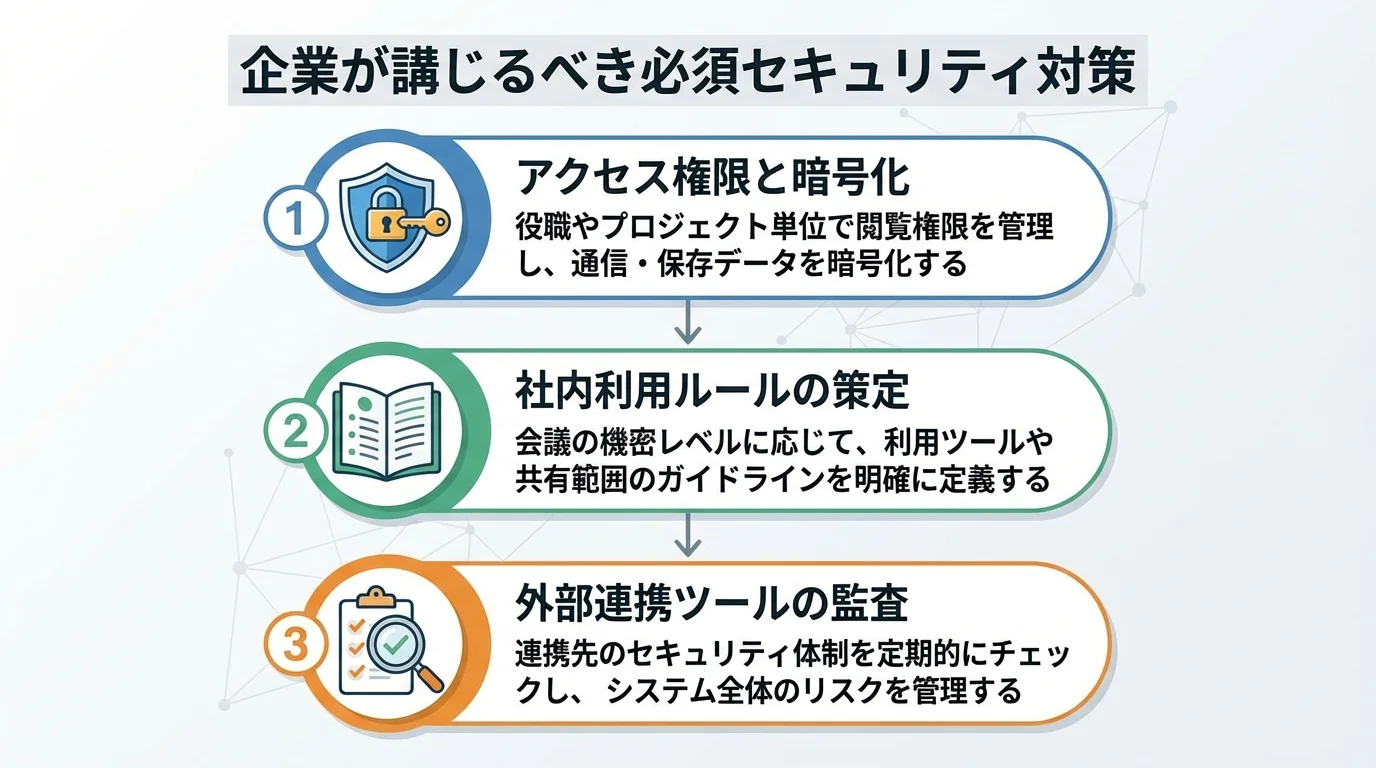 AI議事録の情報漏洩を防ぐための企業の必須セキュリティ対策3ステップ。アクセス権限の厳格化、社内ルールの策定、外部ツールの監査を図解している。