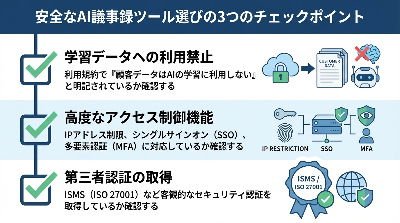 セキュリティを重視した安全なAI議事録ツール選びの3つのチェックポイント。LLMの学習データへの利用、高度なアクセス制御機能、第三者認証の有無。