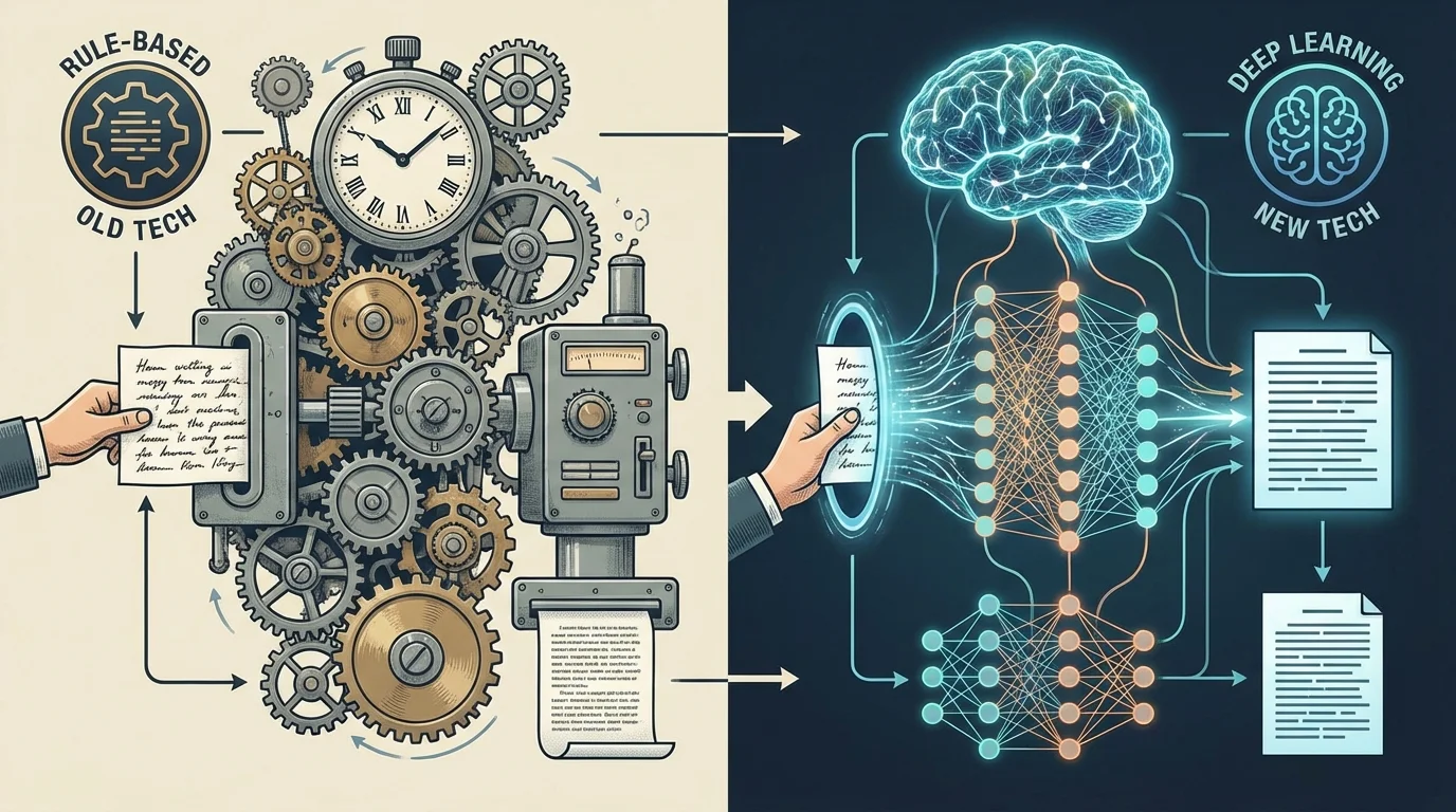 従来OCRとAI-OCRの技術的な違いを比較するインフォグラフィック。ルールベースとディープラーニングの対比。