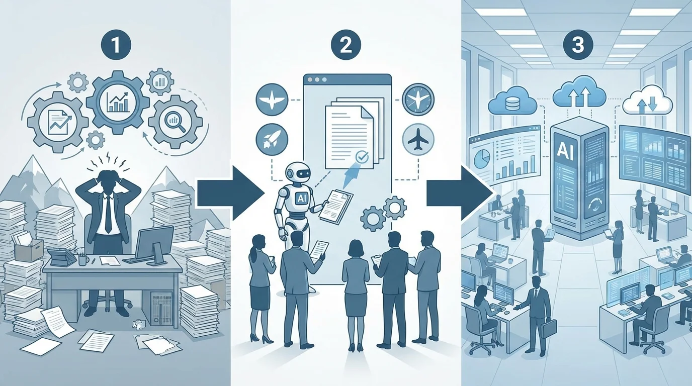 AI-OCR導入の3ステップを示すロードマップ。現状分析、PoC実施、本格導入の流れ。