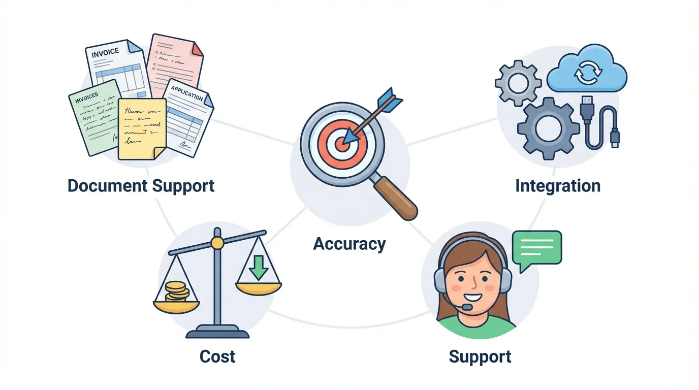 AI-OCRの5つの選定基準を表すアイコンイラスト。精度、対応帳票、連携性、コスト、サポート。