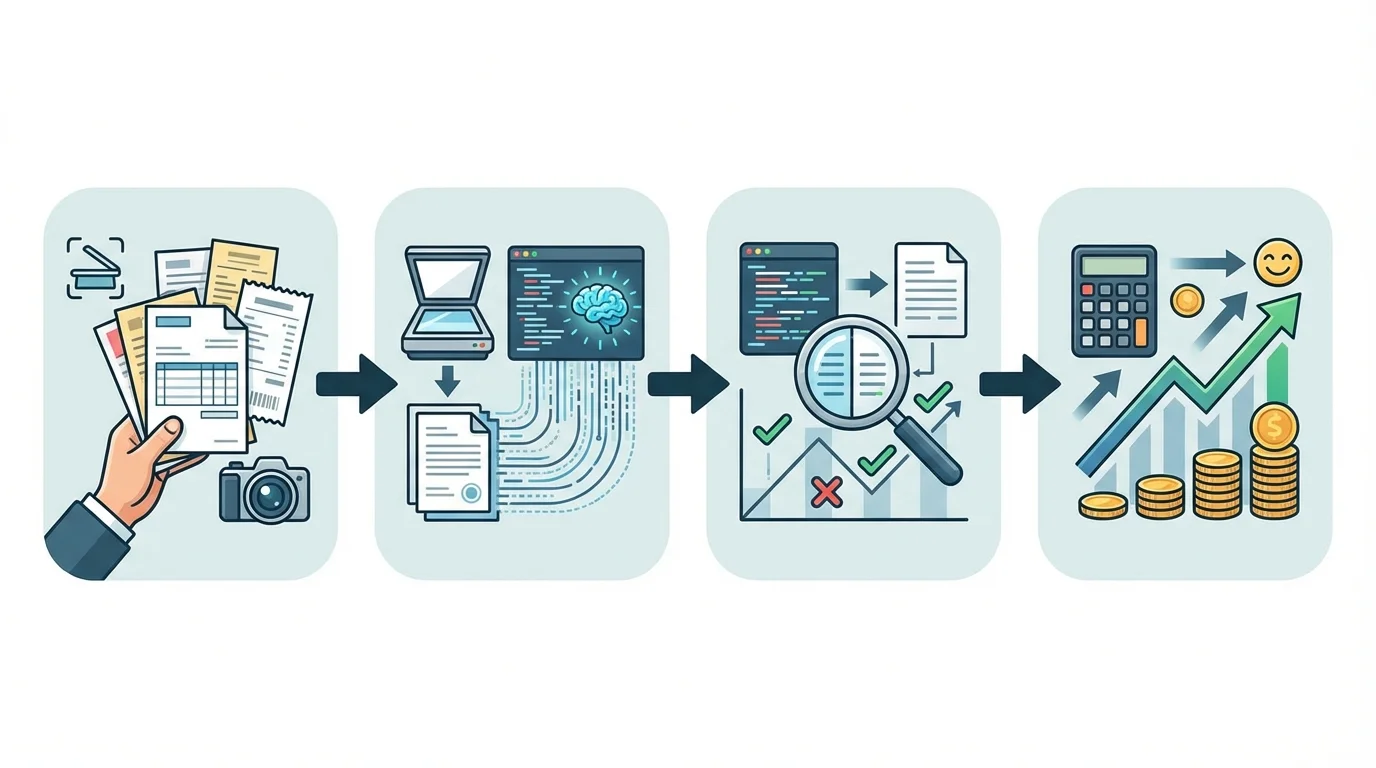 AI-OCRのPoCプロセスを示すフローチャート。帳票準備から費用対効果算出まで。