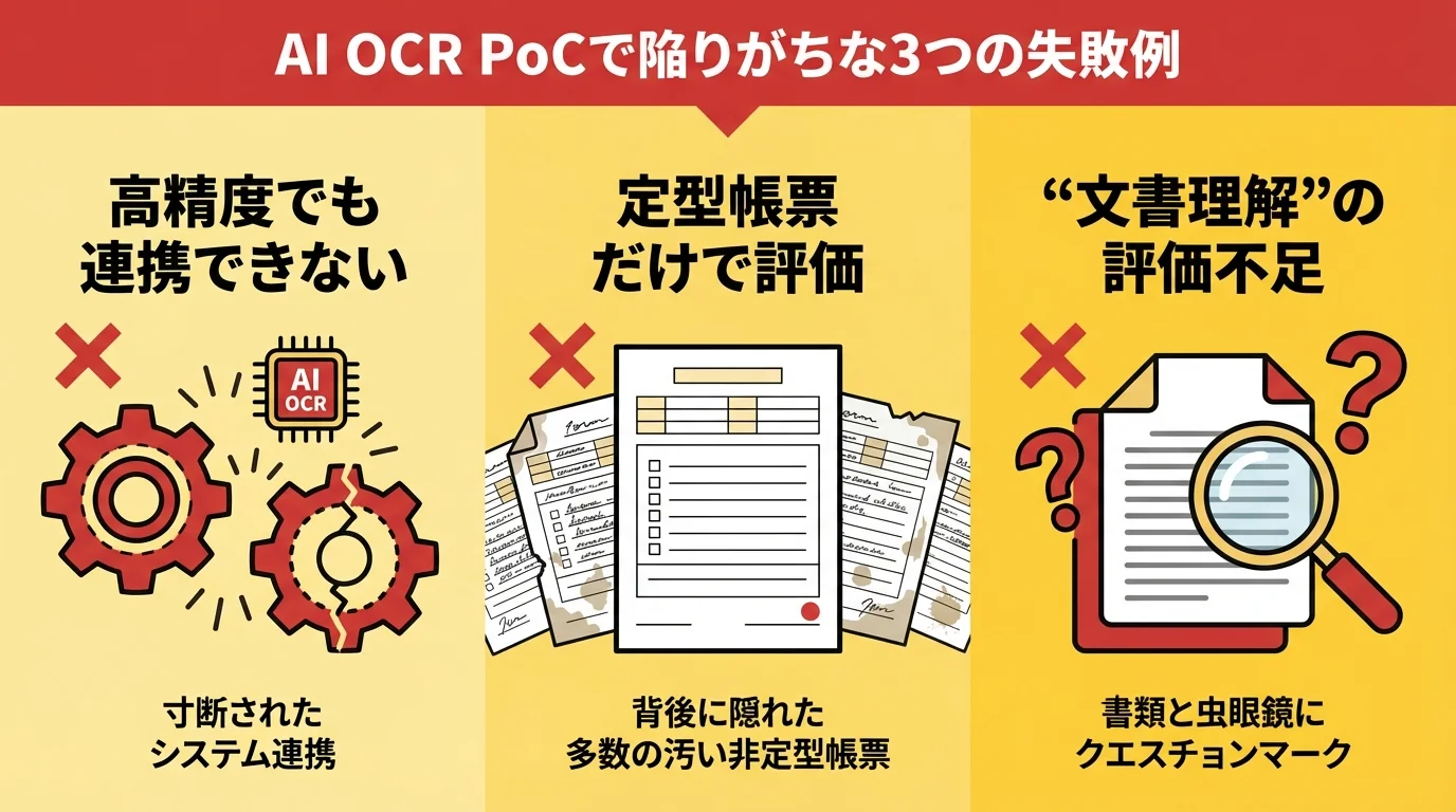 AI OCRのPoCにおける3つの失敗例「システム連携の欠如」「非定型帳票の軽視」「文書理解の評価不足」を図解した注意喚起のインフォグラフィック。