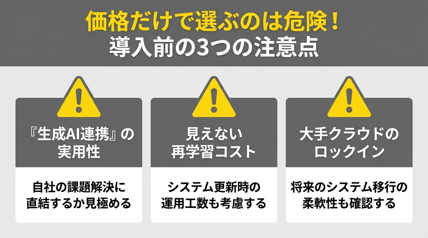 AI OCR導入前に知るべき3つの注意点を示すインフォグラフィック。生成AIの実用性、見えない再学習コスト、大手クラウドへのロックインリスクについて図解。