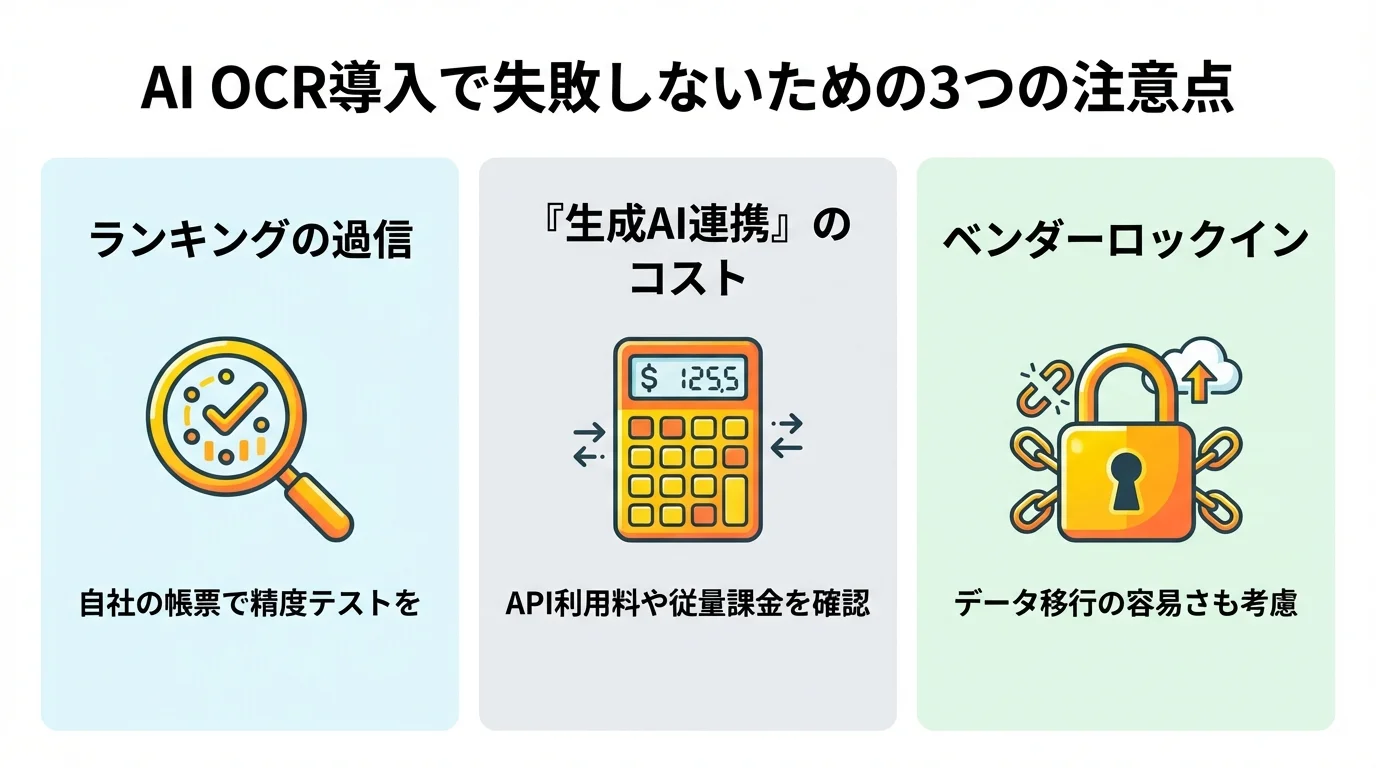 AI OCR導入で失敗しないための3つの注意点（ランキングの過信、生成AI連携のコスト、ベンダーロックイン）をまとめた図解。