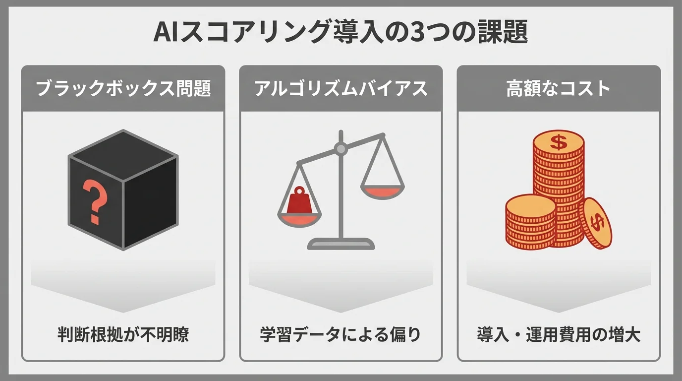 AIスコアリング導入における3つの主要な課題(ブラックボックス問題、アルゴリズムバイアス、高額なコスト)をまとめた図解。