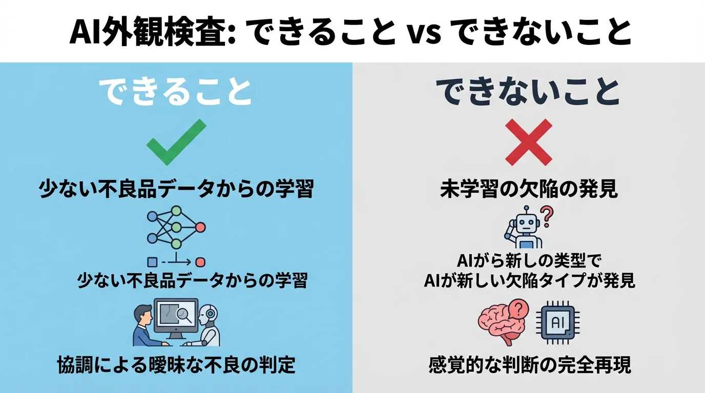 AI外観検査にできること(少量データ学習、精度向上)とできないこと(未学習の欠陥発見、感覚的判断)を比較した図解。