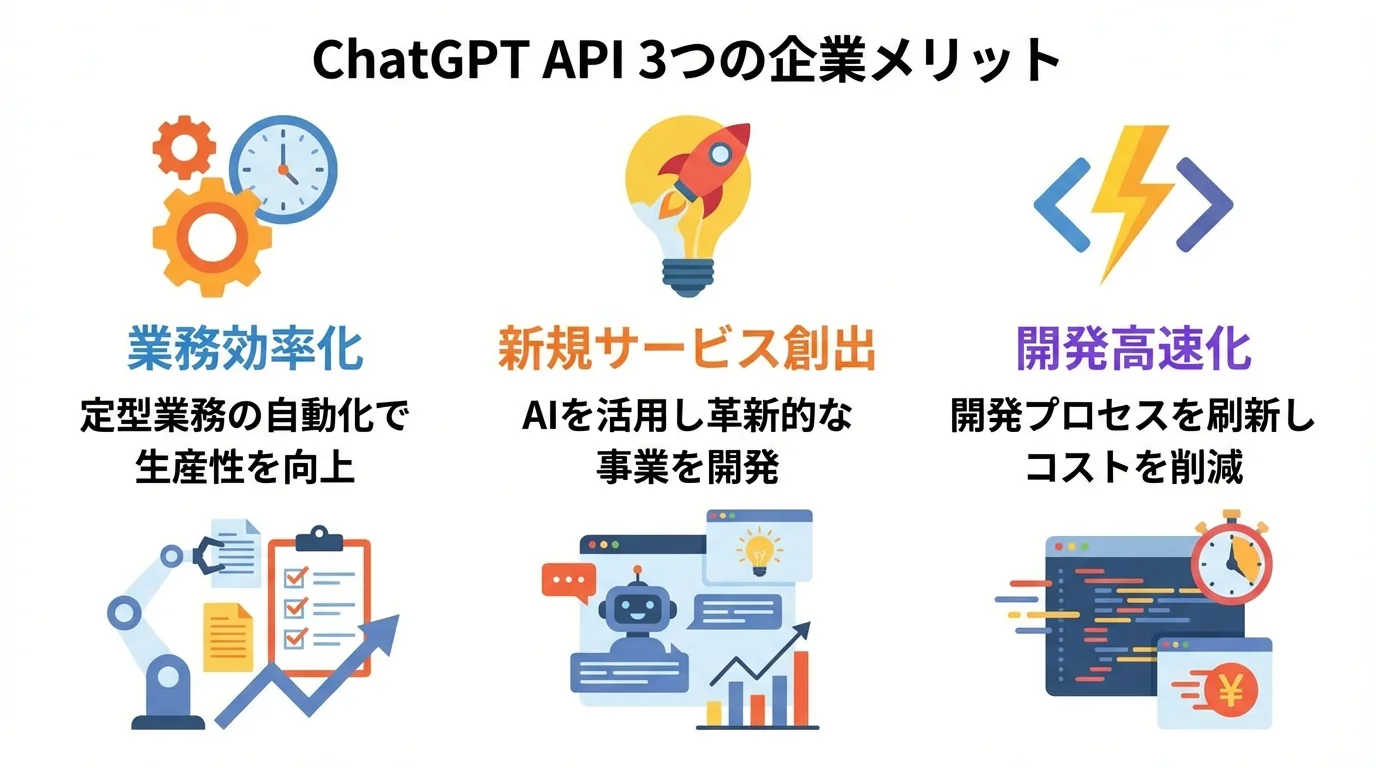 ChatGPT APIを企業が導入する3つのメリット（業務効率化、新規サービス創出、開発高速化）を示した図。