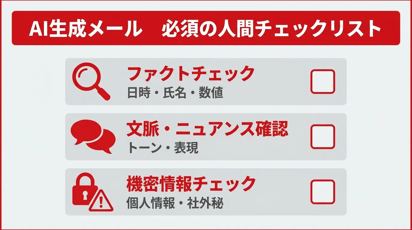 AIが生成したメールを送信する前の必須チェックリスト（ファクトチェック、文脈確認、機密情報チェック）を示したインフォグラフィック