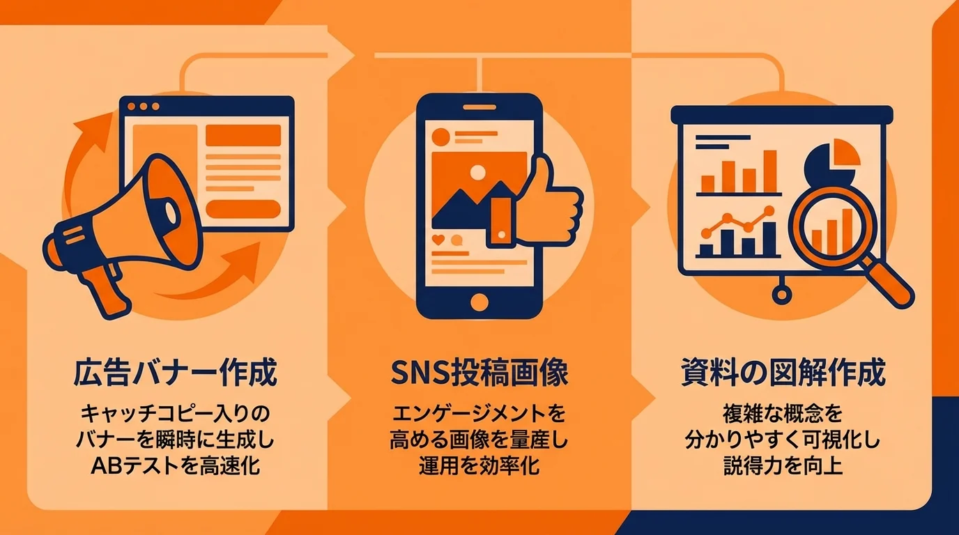 ChatGPT画像生成のビジネス活用事例3選。広告バナー作成、SNS投稿画像、資料の図解作成のアイコンと説明。