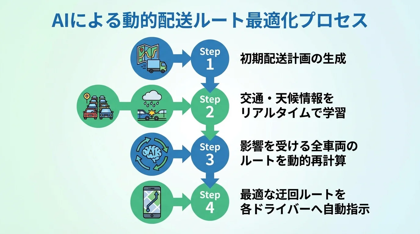 AIがリアルタイム情報に基づき配送ルートを動的に最適化する4ステップのプロセスを示したフローチャート。