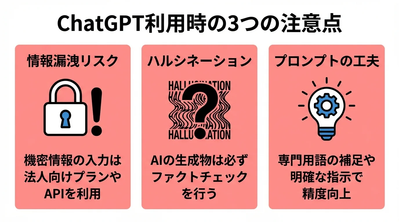 ChatGPTで議事録を作成する際の3つの主要な注意点（情報漏洩リスク、ハルシネーション、プロンプトの工夫）とその対策をまとめたインフォグラフィック。