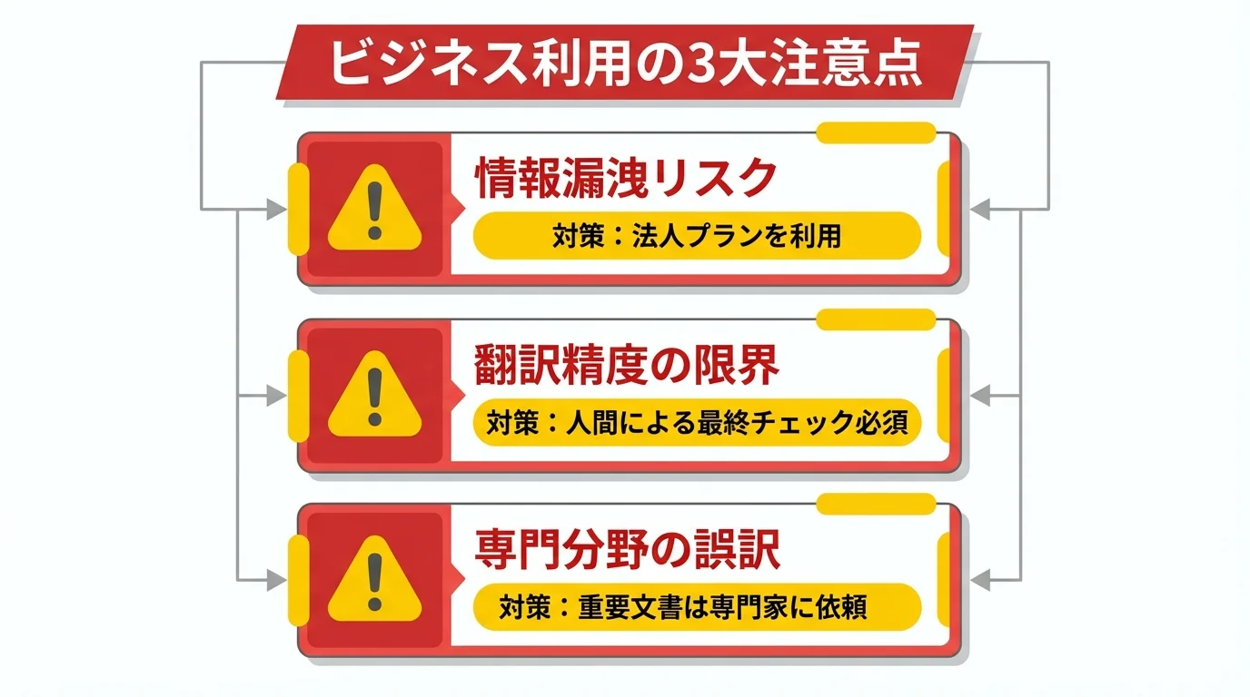 ChatGPT翻訳をビジネスで利用する際の3つの注意点(情報漏洩、精度の限界、専門分野の誤訳)と対策をまとめたチェックリスト。