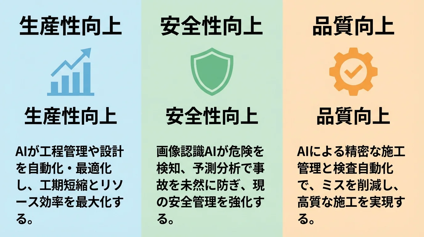 建設業のAI導入による3つのメリット「生産性向上」「安全性向上」「品質向上」をアイコンと共に解説したインフォグラフィック。