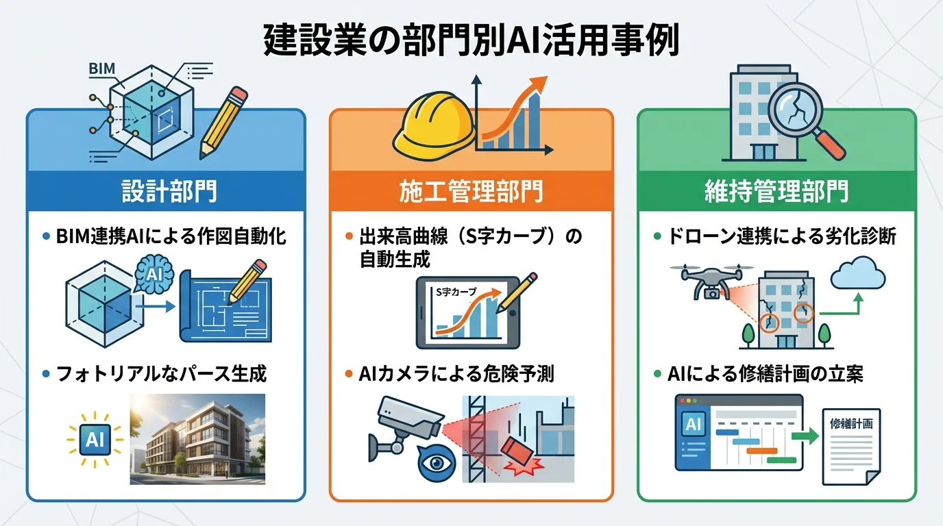 建設業の部門別AI活用事例として設計、施工管理、維持管理での具体的な使い方をまとめたインフォグラフィック