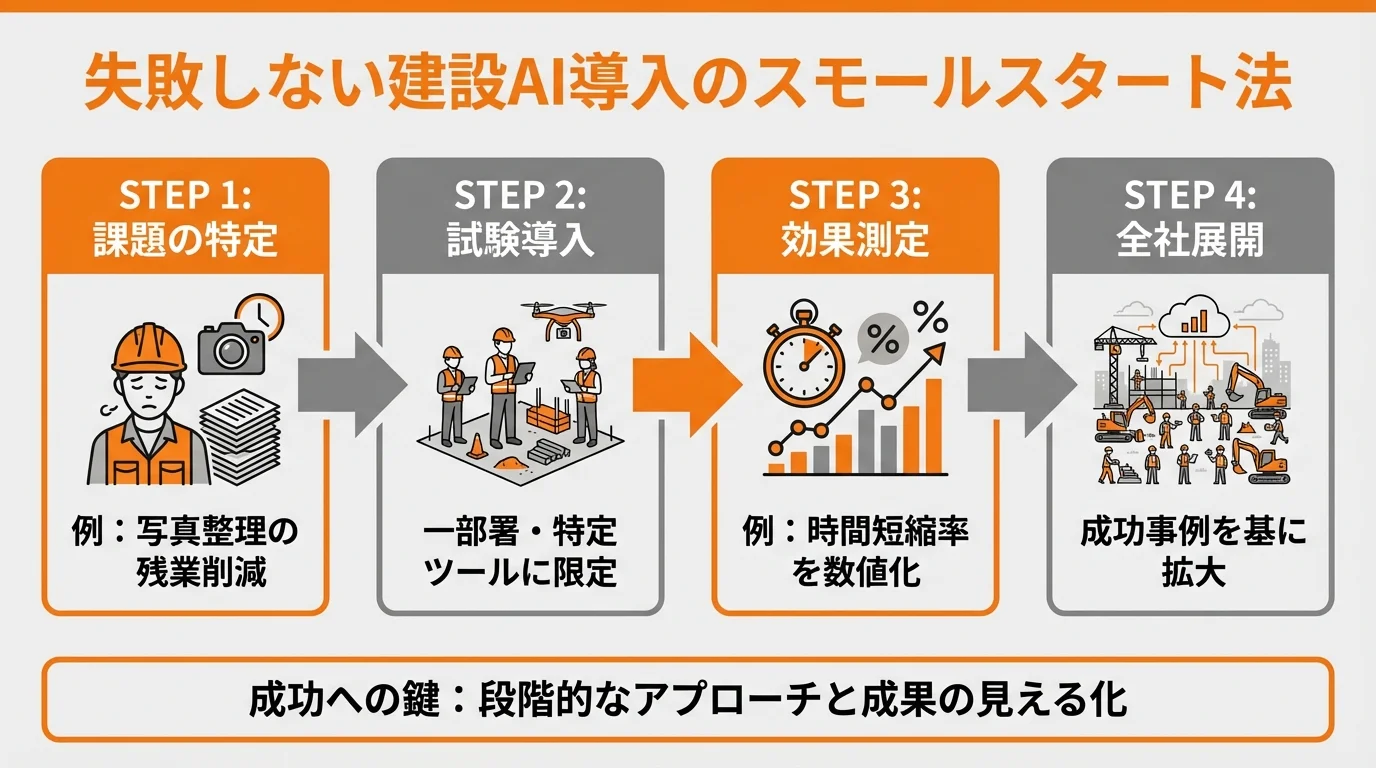 失敗しない建設AI導入のためのスモールスタートの始め方を4ステップで解説するフローチャート