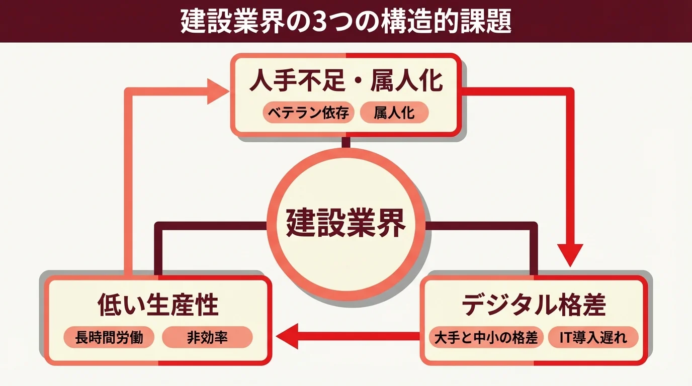 建設業界が抱える人手不足、低い生産性、デジタル格差という3つの構造的課題の関係を示す図解。