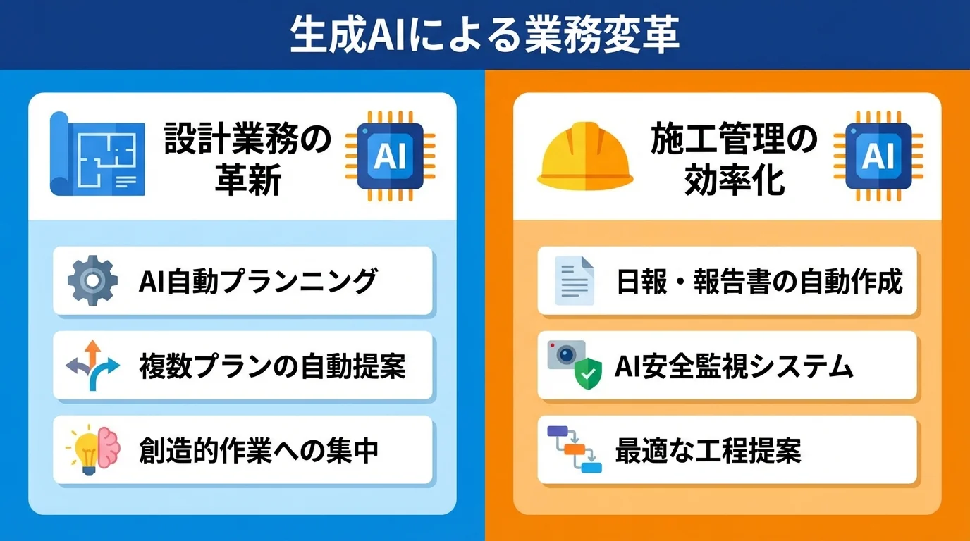 生成AIが建設業界の設計業務と施工管理業務をどう変革するかの比較図解。
