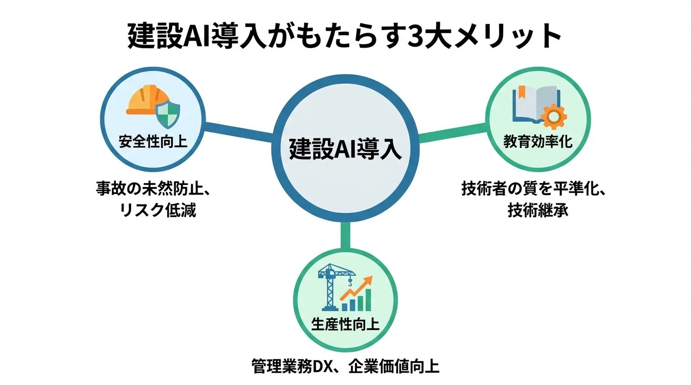 建設AI導入がもたらす3つのメリット（安全性向上、教育効率化、生産性向上）を示すインフォグラフィック