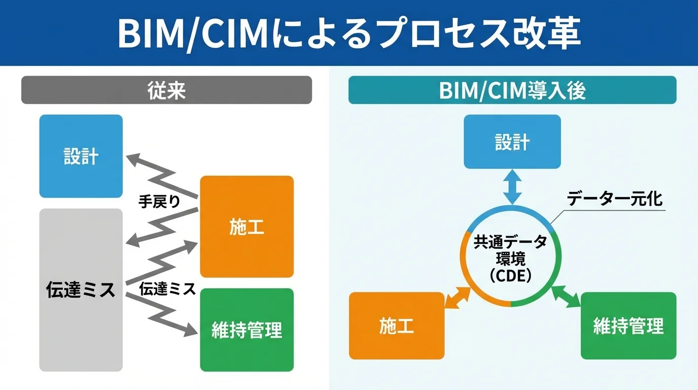 従来の分断された建設プロセスと、BIM/CIMでデータが一元化されたプロセスを比較する図解。