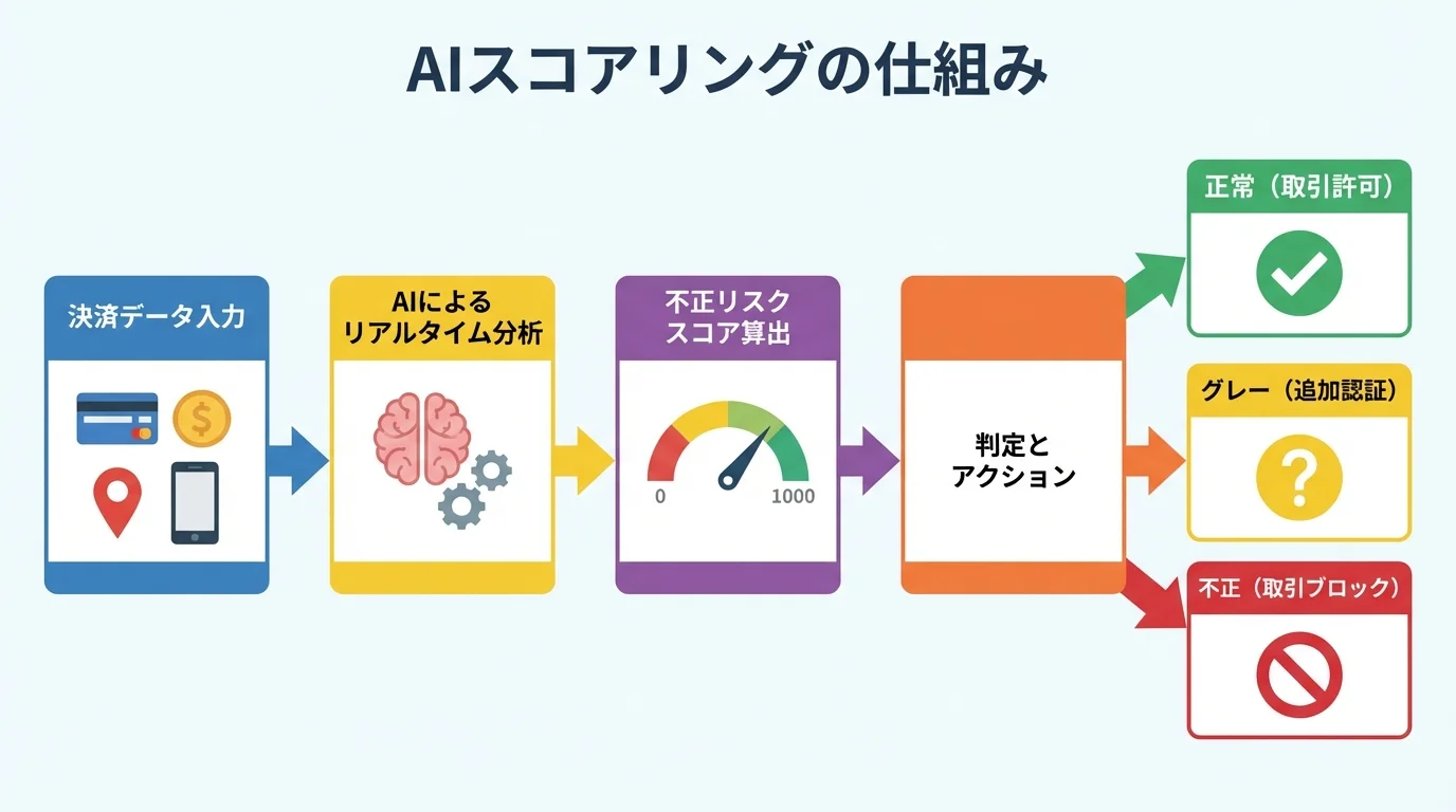 AIスコアリングの仕組みを図解したフローチャート。決済データ入力からAI分析、リスクスコア算出を経て、判定に基づき取引を処理する流れを示している。