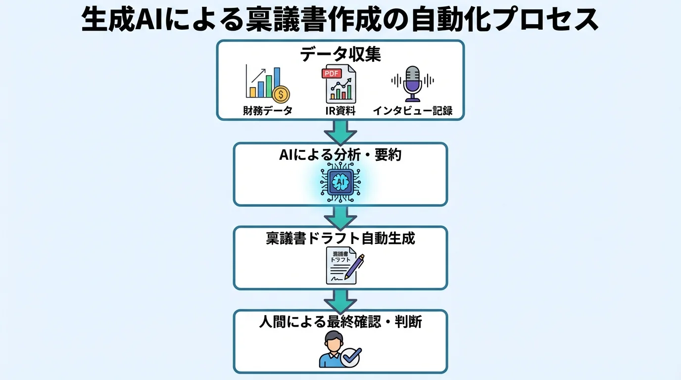 生成AIがデータを収集・分析し稟議書ドラフトを自動生成、最後に人間が確認するという業務自動化のプロセスを示したフローチャート