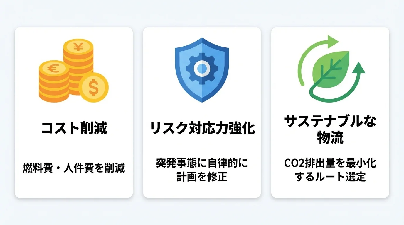 配送計画AIシステムがもたらす3つのメリット(コスト削減、リスク対応、サステナビリティ)の図解
