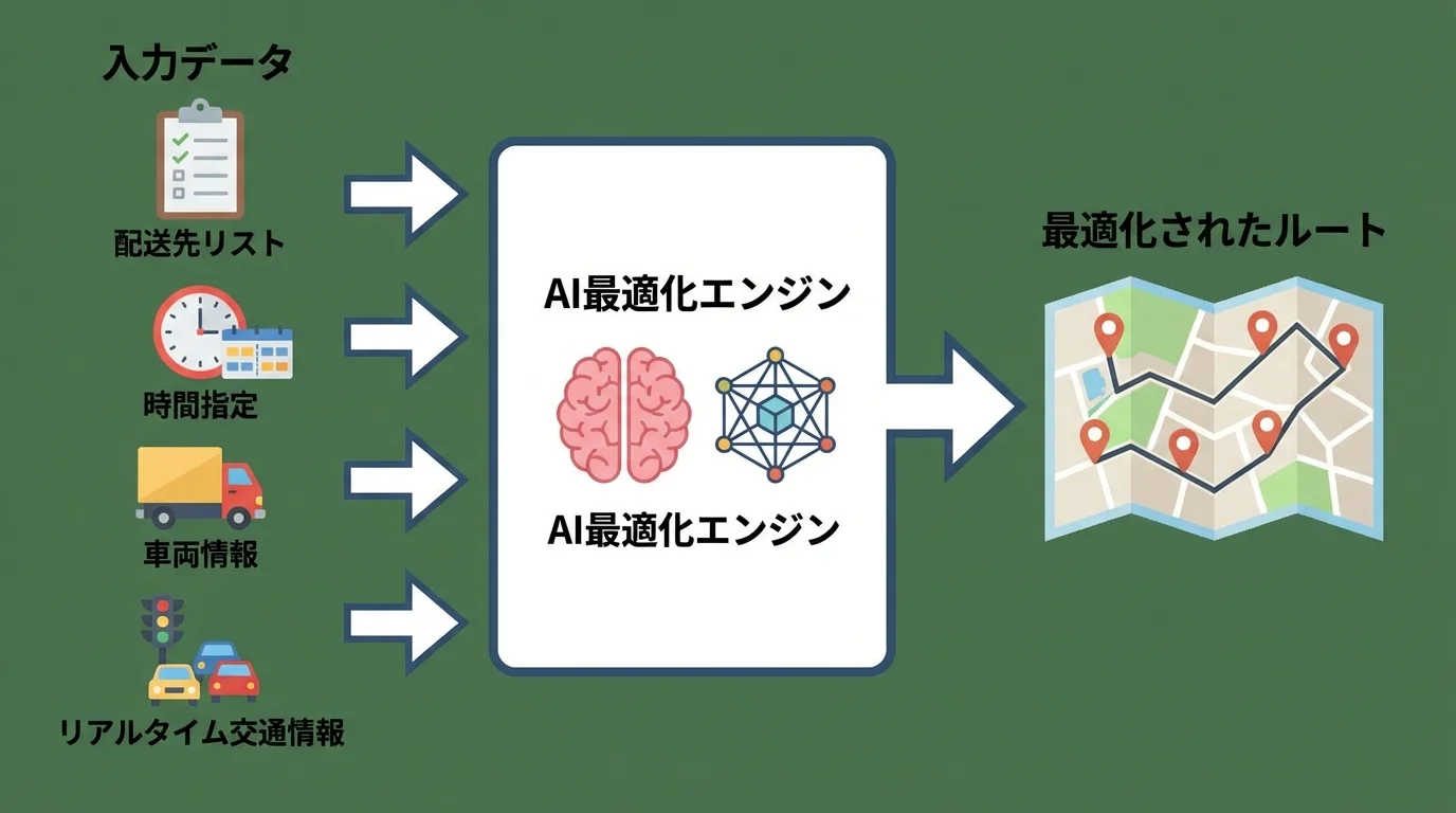AI配送ルート最適化の仕組みを図解したインフォグラフィック。各種データがAIエンジンによって処理され、最適なルートが出力される流れを示している。