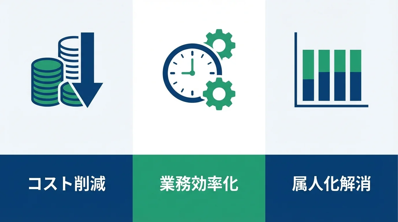 AI導入による3つのメリット（コスト削減・業務効率化・属人化解消）の図解
