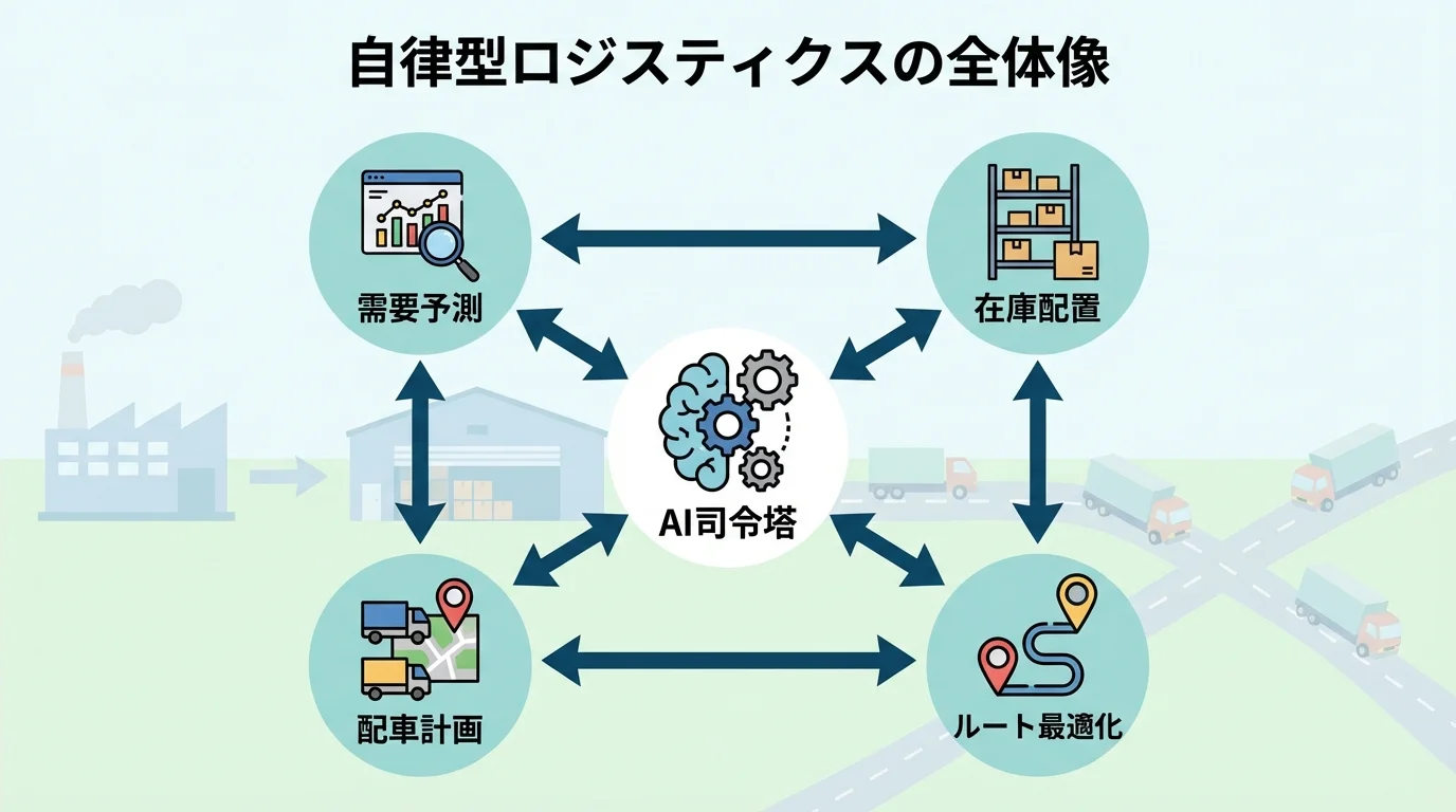 自律型ロジスティクスの仕組みを図解した概念マップ。AIが需要予測から配送までサプライチェーン全体を連携・最適化する様子を示す。