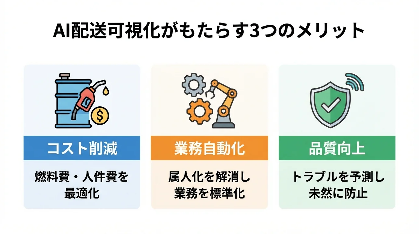 AIによる配送可視化の3つのメリット。コスト削減、業務自動化、品質向上をアイコンと共に解説。