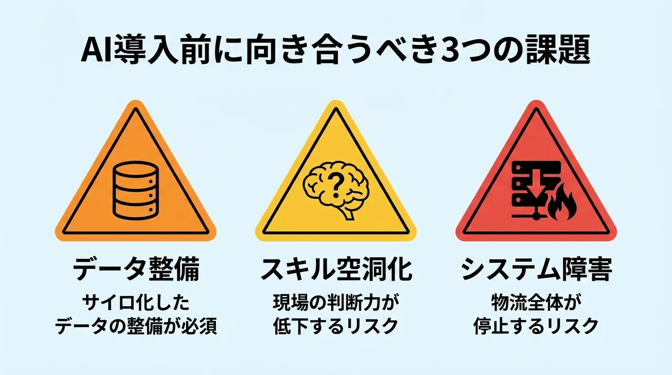 AI導入の課題とリスクを示す図。データ整備の壁、現場スキルの空洞化、システム障害のリスクをアイコンと共に解説。