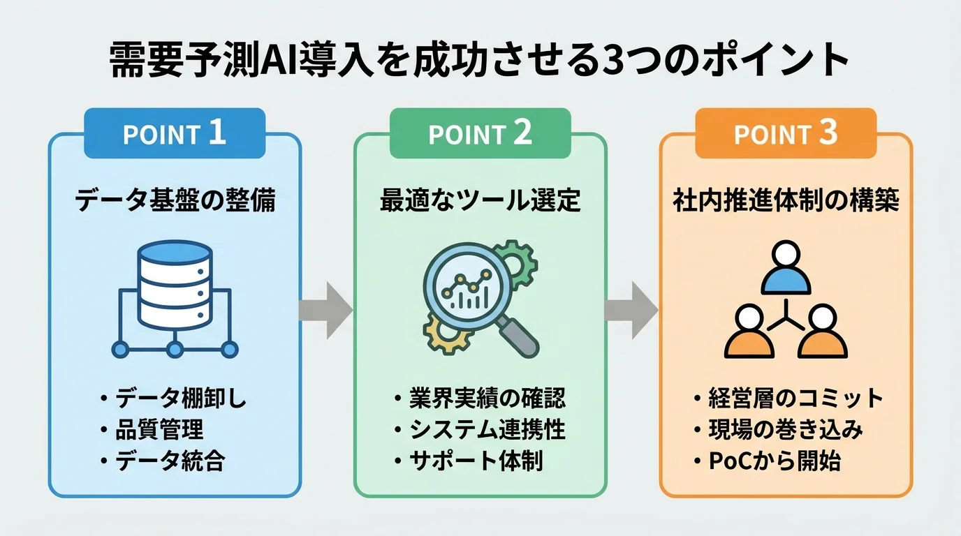 需要予測AIの導入を成功させるための3つの重要ポイント。データ基盤の整備、最適なツール選定、社内推進体制の構築について図解。