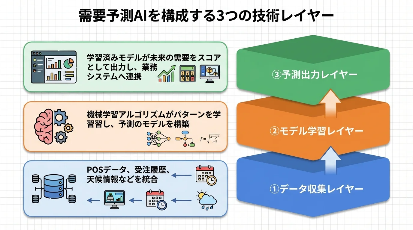 需要予測AIを構成する3つの技術レイヤー（データ収集、モデル学習、予測出力）の役割を示した図解