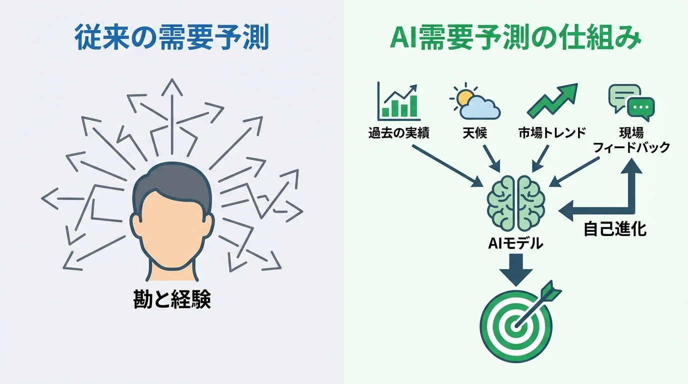 従来の勘と経験による需要予測と、多様なデータを取り込み自己進化するAI需要予測の仕組みを比較したインフォグラフィック