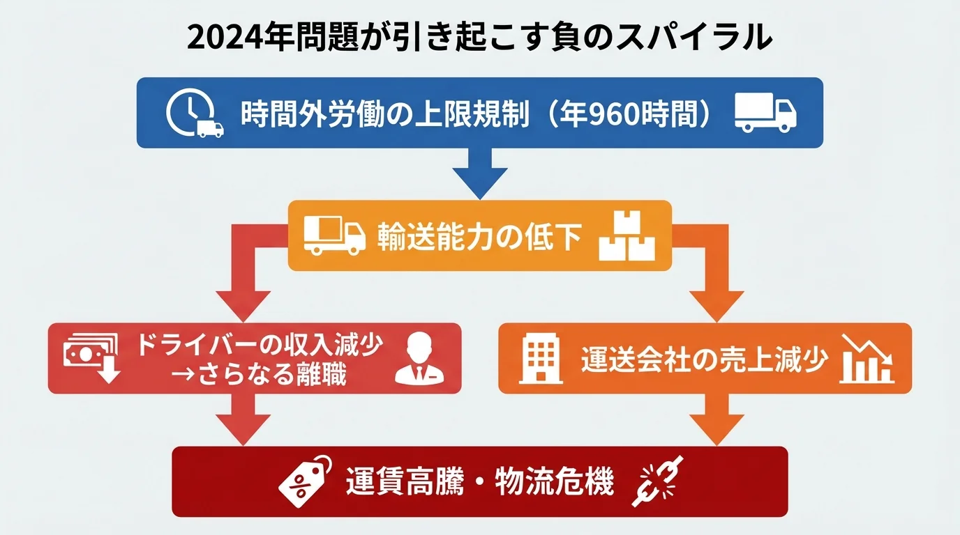 2024年問題の構造を図解したインフォグラフィック。時間外労働規制から始まる輸送能力低下、ドライバー収入減、運賃高騰への負のスパイラルを示している。