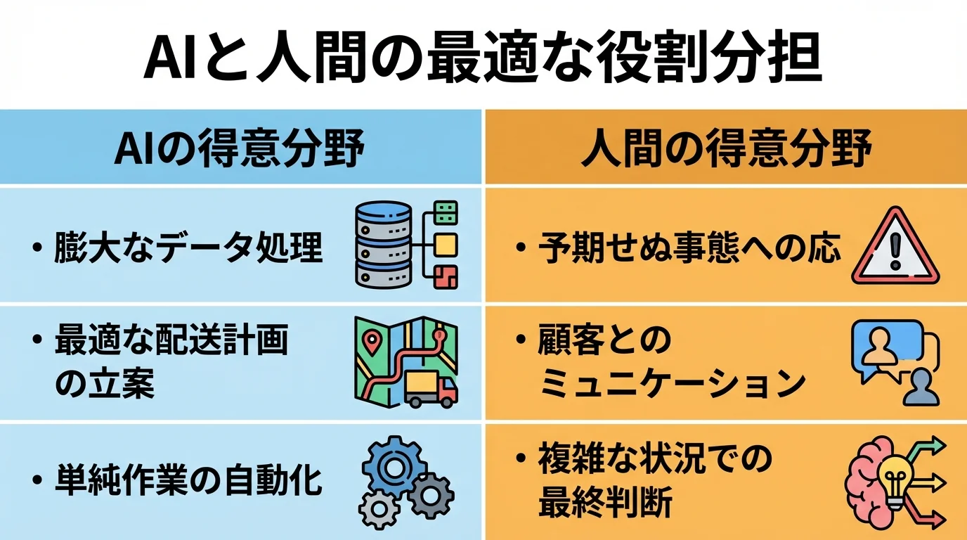 AIと人間の最適な役割分担を示した比較表インフォグラフィック。AIの得意なデータ処理と、人間の得意な柔軟な判断を対比して解説。