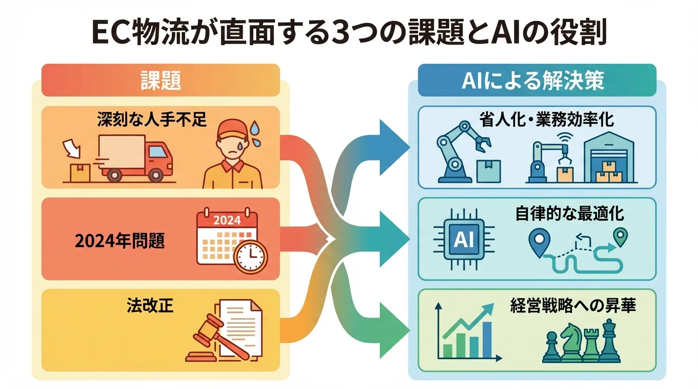 EC物流が直面する3つの課題(人手不足、2024年問題、法改正)とAIによる解決策を図解したインフォグラフィック