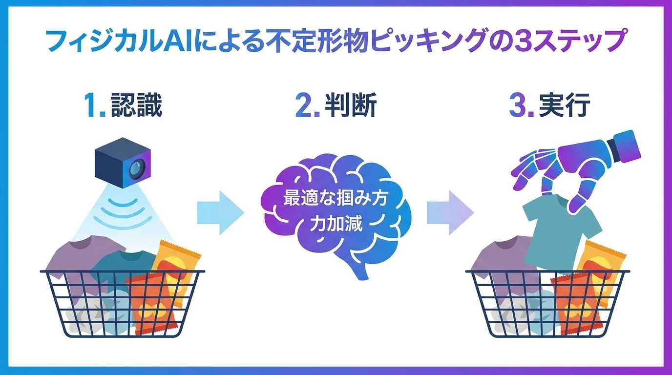フィジカルAIによる不定形物ピッキングの3ステップ(認識・判断・実行)を示したインフォグラフィック