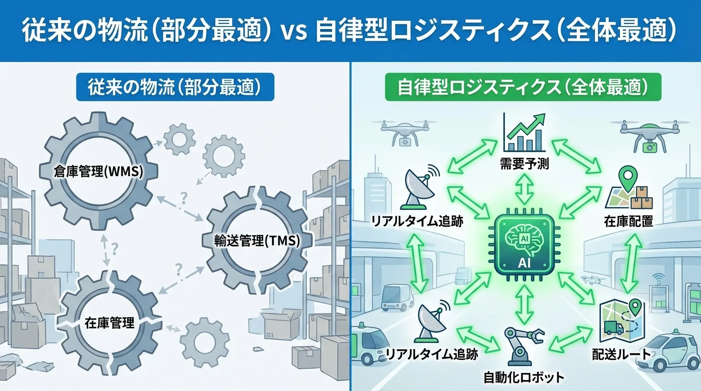 従来の物流(部分最適)とAIによる自律型ロジスティクス(全体最適)を比較したインフォグラフィック