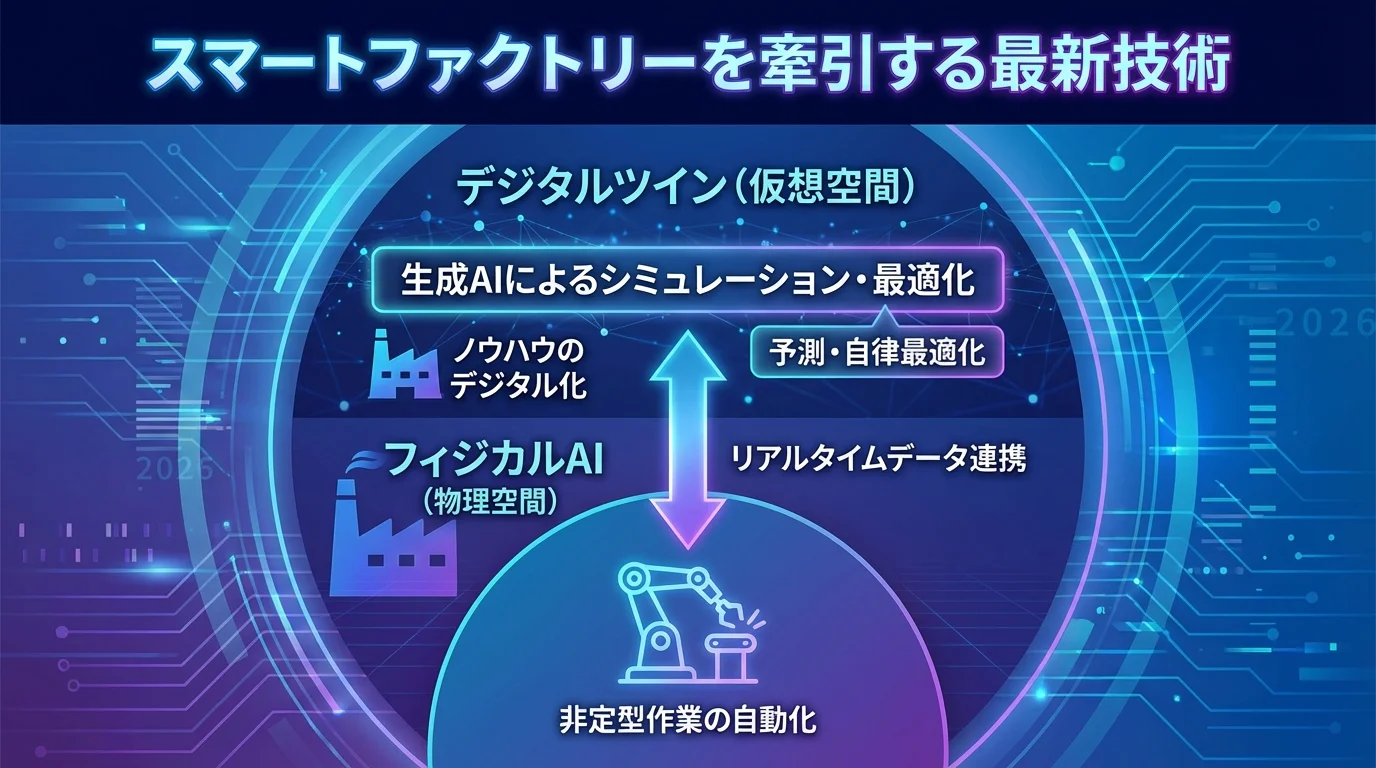 生成AI、デジタルツイン、フィジカルAIが連携してスマートファクトリーを実現する仕組みを示した関係図。
